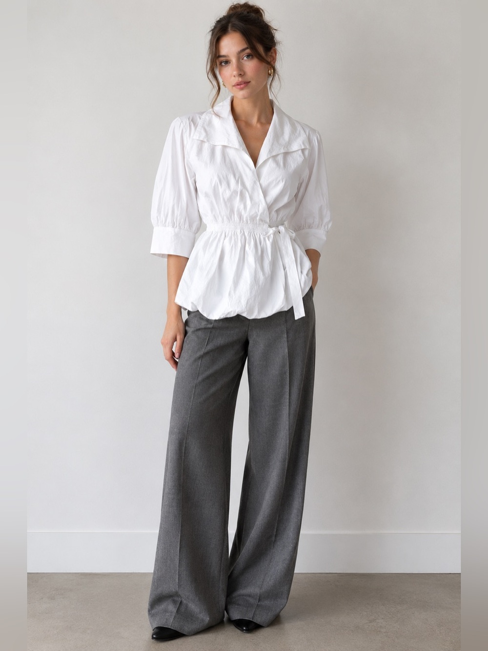 White Women’s Wrap-Style Sleep blouse with bubble hem, Maison Lavinia Turra